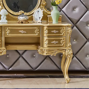 European Style <b>Solid</b> Mahogany Gold Makeup <b>Dressing</b> <b>Table</b> with Storage 5-Drawer Features Hand-Carved Vintage Bedroom Furniture - Product Image 5
