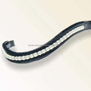 Banda de cuero con forma de onda para cejas de caballo en cuero negro inglés con una sola fila personalizada Bling Diamante White Pearl Crystal - Product Image 2