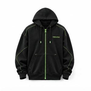 Sudadera con Capucha Negra Personalizada con Cierre Completo, Detalles en Verde Neón, Estilo Urbano Holgado - Product Image 1