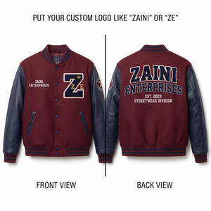 Blouson universitaire haut de gamme en mélange de laine 400 GSM, bordeaux marine, manches en cuir PU, appliqué chenille sur le devant, streetwear personnalisé - Product Image 1