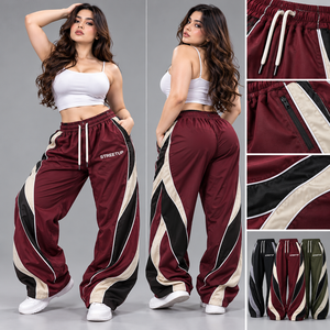 Pantalon de survêtement en nylon personnalisé avec logo brodé, bandes latérales, coupe ample et jambe large, pour hommes et femmes - Product Image 4