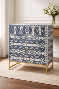 Aparador de Madera Maciza con Incrustaciones de Hueso Hecho a Mano, Gabinete con Cajones, Consola de Almacenamiento, Armario Decorativo con Patrón Azul y Blanco para Sala de Estar - Product Image 2