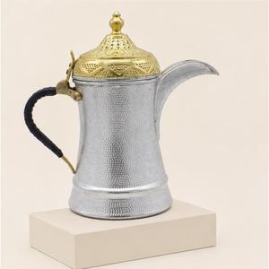 Hammered <b>Arabic</b> Dallah Coffee Pot with Golden Brass Lid Middle Eastern Silver Coffee Kettle Custom Logo Stainless Steel <b>Tea</b> Pot - Product Image 4
