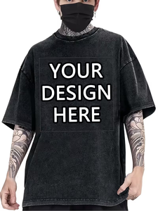 Custom Printed Chest Logo Personalized Front Silk Screen Printed Turtleneck Men's Washed Aged 100% Cotton T-Shirt Digital - Product Image 2
