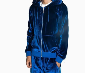 Men Blue Velvet Tracksuit Full Zip Hooded <b>Jacket</b> and Jogger Pants Casual Two Piece Set Solid Color Breathable Polyester Autumn - Product Image 4