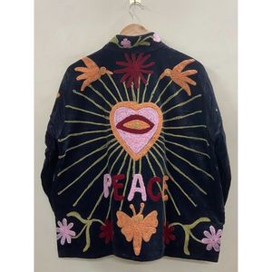 Chaqueta de Algodón y Terciopelo Bordada a Mano para Mujer, Cuello Mandarín, Manga Larga, Estilo Bohemio, Patrón de Ojos, Chaqueta Abierta para Invierno - Product Image 5
