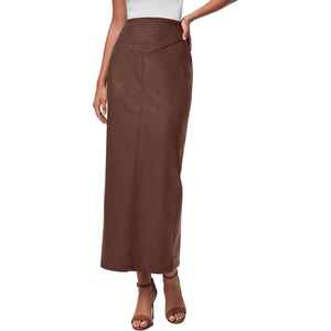 Jupe longue en jean délavé vintage pour femme, taille haute, coupe trapèze, fente, style décontracté d'été - Product Image 1