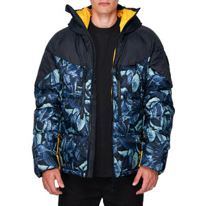 Veste matelassée à capuche pour homme, imprimé floral, fermeture éclair, coupe-vent, manteau d'hiver, coupe régulière, rembourrage épais en polyester - Product Image 2