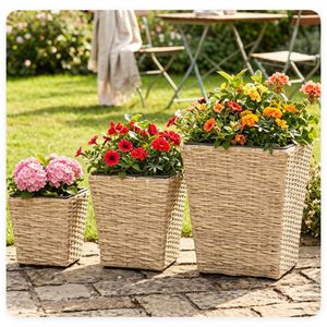 Set di 3 Fioriere in Rattan Intrecciato Resistenti ai Raggi UV, Contenitori per Piante in PP con Fodera Rimovibile e Fori di Drenaggio per Uso Interno ed Esterno - Product Image 3