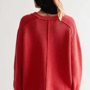 Pull tricoté col en V pour femme, manches lanternes, couleur unie, décontracté, automne, rouge, anti-boulochage, 100 % acrylique - Product Image 2