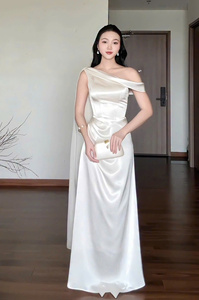 <b>White</b> Woven Polyester Natural Waist <b>One</b>-<b>Shoulder</b> Draped Asymmetrical Maxi <b>Dress</b> Sleeveless Party Vietnam Made Elegant Quick Dry - Product Image 6
