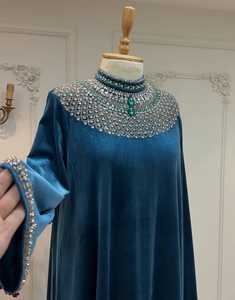 Elegant Blue Velvet Abaya With Rhinestone Collar And Sleeve Detail For Evening Party Wear Women Floor Length Long - Product Image 1