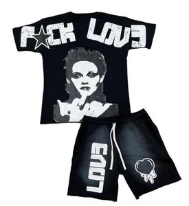 Conjunto de Dos Piezas para Hombre, Estilo Deportivo, Lavado Ácido, Pantalones Cortos y Camiseta con Serigrafía, Tela de Rizo, Traje Deportivo de Verano - Product Image 2