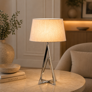 Prism Apex Metal Table <b>Lamp</b> with Geometric Frame Linen Shade Polished Finish Stable Base Elegant Accent Lighting - Product Image 1