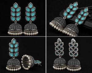Pendientes Jhumka de Ónix Azul Cielo en Forma de Lágrima Oxidados, Plata Antigua, Imitación de Perla Colgante, Joyería Boho de Moda para Boda, Venta al por Mayor - Product Image 3