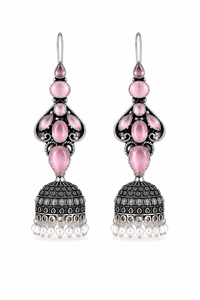 Wholesale Pink Stone <b>Oxidized</b> Silver Jhumka Earrings for Women | Traditional Indian Ethnic Pearl Drop Earrings - Product Image 4