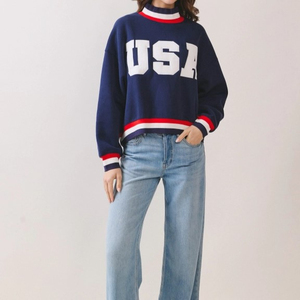 Women's USA Letter Print Crew Neck Sweatshirt Oversized Long Sleeve Knitted Pullover Blue Red White Trim Autumn Wear - Product Image 2