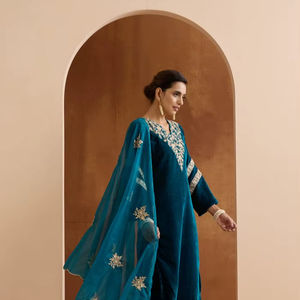 <b>Teal</b> Velvet Embroidery Straight Kurta Set with Straight Bottom and Scalloped Dupatta Velvet <b>Top</b> and Bottom With Organza Dupatta - Product Image 1