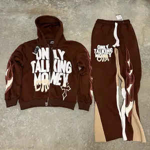 500 Gsm hommes Streetwear français éponge évasé pantalons de survêtement et ensemble de sweat à capuche personnalisé 100% coton bouffée impression ensembles de survêtements - Product Image 5