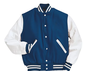 Men's Blue White Casual Varsity Jacket Regular Fit <b>Covered</b> <b>Button</b> Closure Solid Color Polyester/Cotton Wool Shell Anti-Bacterial - Product Image 1