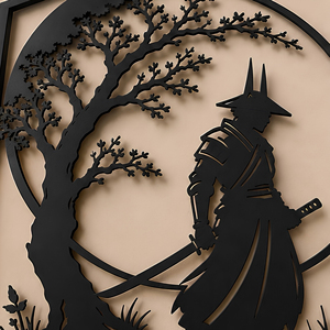 Décoration murale SAMOURAÏ & SILHOUETTE D'ARBRÉS – Art mural en métal encadré, Silhouette d'arbre zen asiatique, Décoration suspendue pour la maison - Product Image 3
