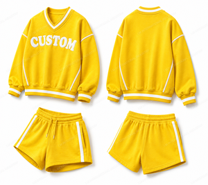 Women's Yellow 2-Piece V-Neck Sweatshirt Above-Knee Shorts <b>Set</b> Loose Fit <b>Knitted</b> Cotton Casual Quick Dry Eco-Friendly Breathable - Product Image 4