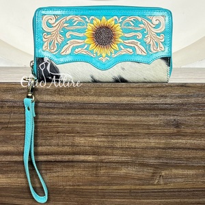 New Fashion Women's Western Cowhide Leather Wallet with Detachable Wristlet Tooled Leather Sunflower Design Zipper Clutch <b>Purse</b> - Product Image 1