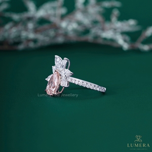 Pink Pear Cut Lab Grown Diamond <b>Tiara</b> <b>Crown</b> Engagement Ring 18K White Gold Marquise Diamond Lotus Flower Bridal Ring for Women - Product Image 3