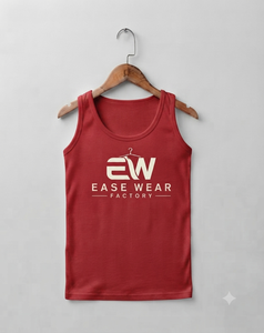 เสื้อกล้ามสีแดงสำหรับผู้หญิง ยี่ห้อ EASE WEAR FACTORY คอกว้าง ผ้าถักโพลีเอสเตอร์ สวมใส่สบาย ระบายอากาศได้ดี พิมพ์ลายโลโก้ด้านหน้า - Product Image 1