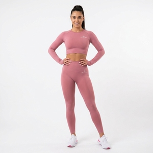 Women Dusty <b>Pink</b> Long Sleeve Crop Top High Waist <b>Leggings</b> Yoga Set <b>Gym</b> Fitness Activewear Workout Set - Product Image 1
