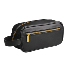 Trousse de Toilette en Cuir Rectangulaire Minimaliste Portable Noire avec Fermeture Éclair en Laiton, Sac de Rangement Simple pour Salle de Bain - Product Image 1