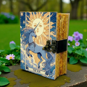 Diario de unicornio de cuero genuino de 400 páginas, hecho a mano, con papel de borde deshilachado, diseño religioso, wiccano, pagano, sol, magia y flores. - Product Image 2