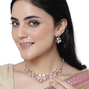 Rose <b>Gold</b> Plated Flower Crystal Necklace and <b>Earring</b> <b>Set</b> Women's Romantic Party Jewelry - Product Image 3
