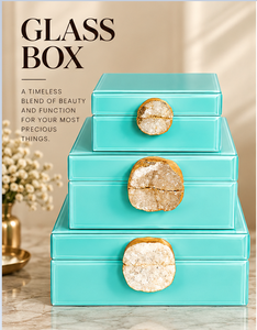 Coffret de rangement pour bijoux en verre bleu aqua avec accent en agate naturelle, bordure dorée, finition brillante, organisateur décoratif pour souvenirs - Product Image 4