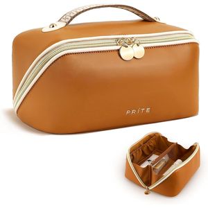 Women's Waterproof Vegan Leather Travel Makeup Bag Open Flat for Toiletry Organizer with Clear Divider and Handle - Product Image 1
