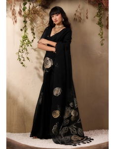 Sari de algodón Muga negro metálico KV con blusa sin coser - Product Image 4