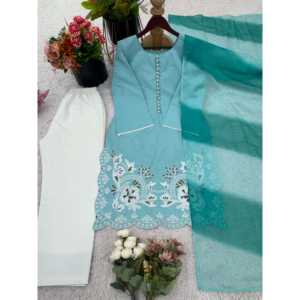 Zeel, Diseñador de Moda, Ropa Tradicional China, Conjunto de Top y Pantalón con Dupatta en Azul con Elegante Bordado, Talla M - Product Image 4