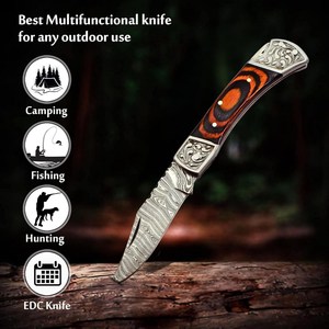 Couteau utilitaire pliant en acier Damas à lame biseautée, manche en bois Pakka, étui en cuir, ODM OEM, pour la poche, EDC, la chasse, le camping, qualité industrielle - Product Image 4