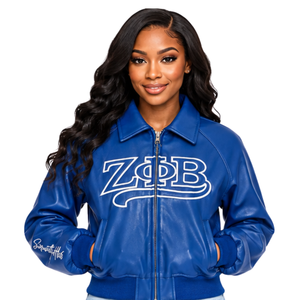 Veste en similicuir Zeta Phi Beta pour femme, bleu roi, coupe courte, zippée, style bomber, avec lettres grecques brodées, manches côtelées, sororité - Product Image 3