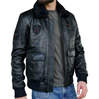 Herren Schwarze Echte Leder-Pilotenjacke mit Lammfellkragen