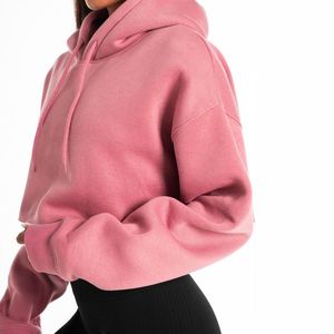 Sweat-shirt à capuche court rose pour femme, manches longues, couleur unie, en polaire, pour l'automne - Product Image 1