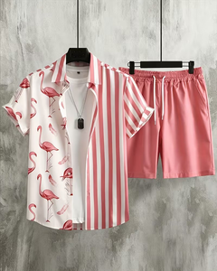 Pink Flamingo Print Polyester/Cotton Slight Stretch Short Sleeve Shirt with Matching Shorts Set for Boys Casual Wear - Product Image 1