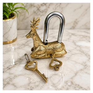 Gold Antique Brass <b>Padlock</b> with Deer Shaped Vintage Style Spiritual Safety Lock Decorative Collectible for Home Temple Gift Use - Product Image 1
