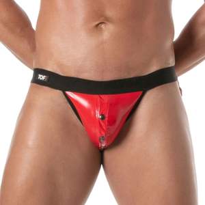 Jockstrap en vinyle épais et écologique avec fermeture à pression, rouge, pour hommes, style fetish, clubwear, brillant, sexy, avec poche. - Product Image 2