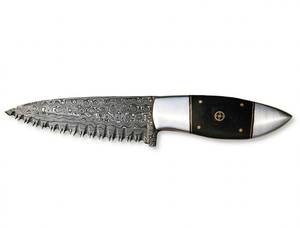 Cuchillo utilitario artesanal de acero de Damasco retorcido con espiga de sierra, mango de madera estabilizada, punta caída, 9 pulgadas, para exteriores - Product Image 4