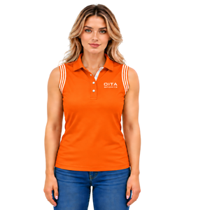 Polo sans manches orange vif pour femme, col patchwork, coupe ajustée, pour l'équitation et l'entraînement, personnalisable, vente en gros - Product Image 1
