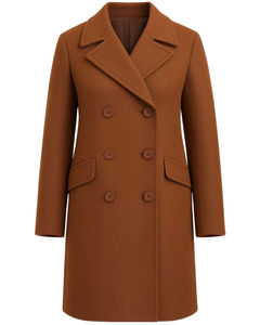 Manteau en laine croisé pour femme, col à revers, marron uni, longueur midi, manches longues - Product Image 1