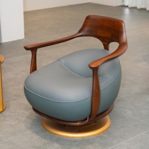 Luxury Walnut Wood Lounge <b>Chair</b> White Leather Upholstered Cushion <b>Swivel</b> Base Rose Gold Metal Frame OEM ODM PISANO - Product Image 1