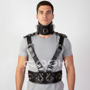 Harnais complet en cuir noir robuste de style bondage avec collier de maintien, poitrine ajustable à boucles et ceinture large à la taille - Product Image 2