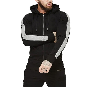 Custom Men’s Black Tracksuit Full <b>Zip</b> <b>Hooded</b> Jacket Grey Contrast Stripe Jogger Pants Two Piece Sportswear Streetwear Set - Product Image 1